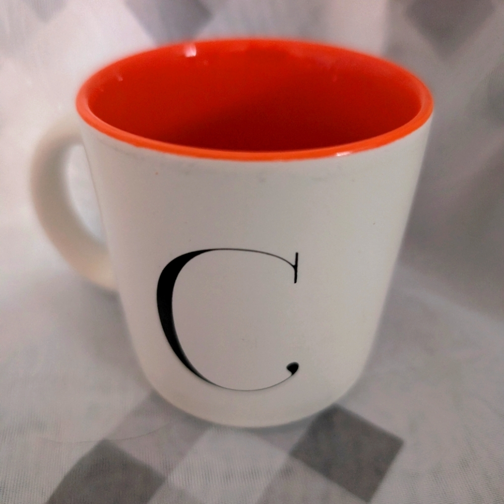 Indigo Ceramic Mug Letter L, white mug, inside red, letter printed in black